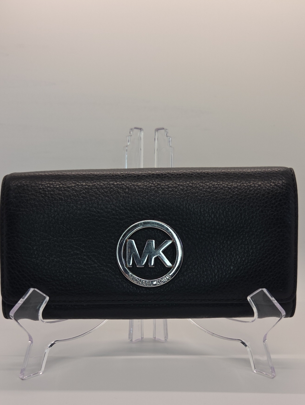 Michael Kors Black Pebbled Leather MK Emblem Continental Wallet